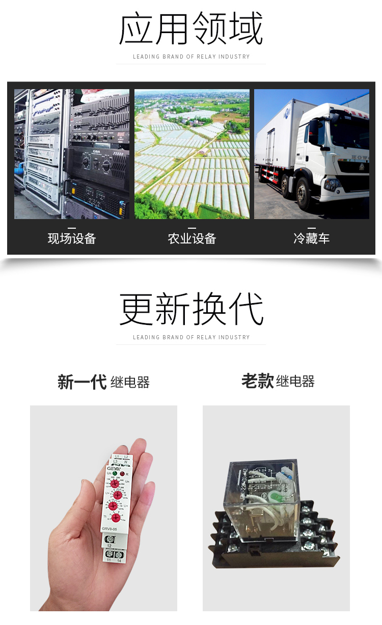 GRV8三相電壓監(jiān)控繼電器應用領域：現(xiàn)場設備，農(nóng)業(yè)設備，冷藏車；更新?lián)Q代：新老電壓繼電器產(chǎn)品圖對比；